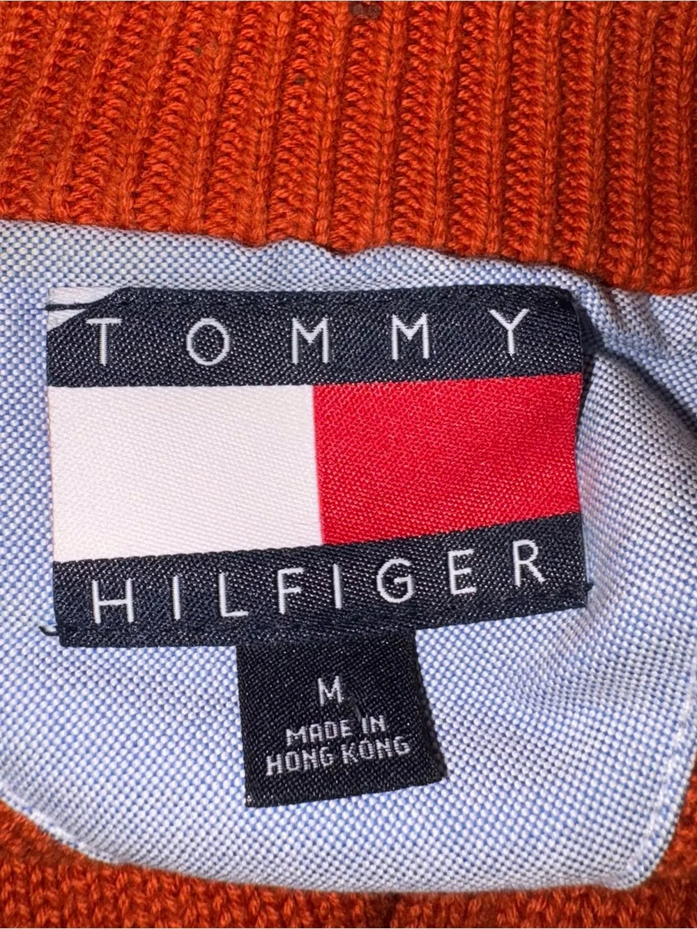 Vintage Tommy Hilfiger Knit Pullover Sweater Mens Med Blue Orange 1/4 Zip Preppy